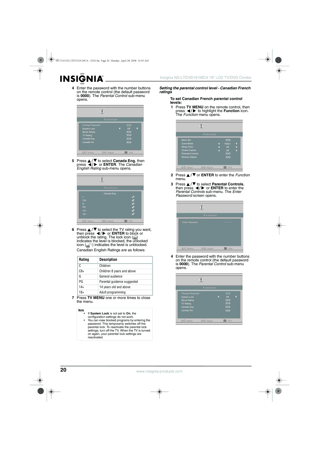 Insignia NS-LTDVD19-09CA manual Setting the parental control level Canadian French ratings 