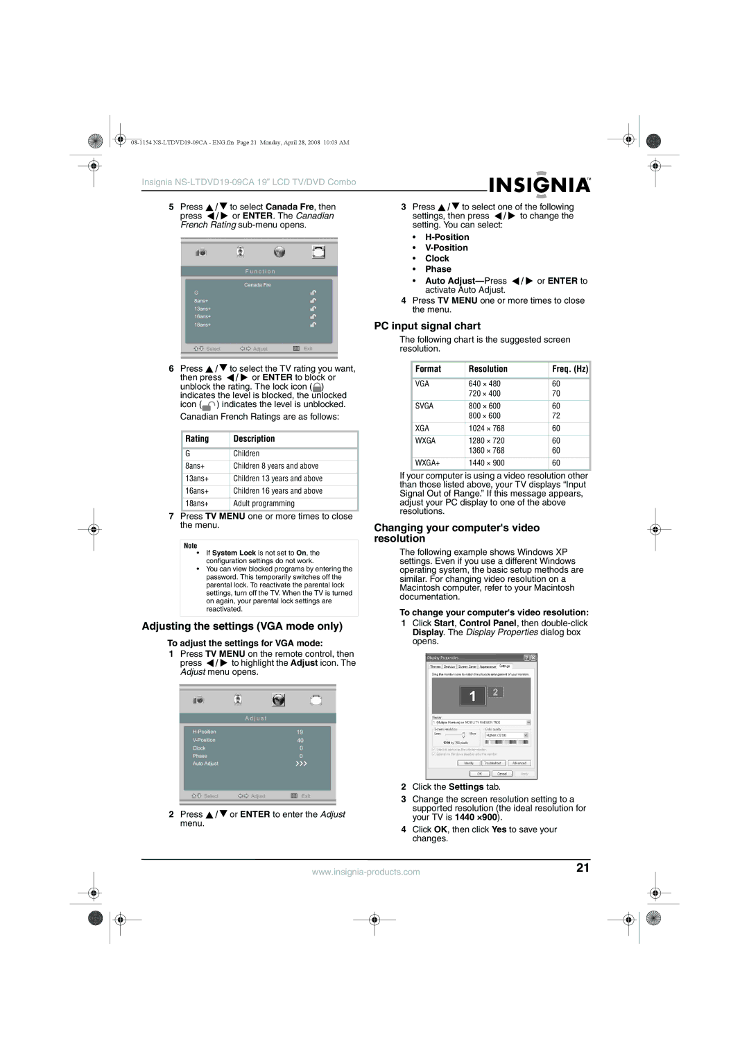 Insignia NS-LTDVD19-09CA Adjusting the settings VGA mode only, PC input signal chart, To adjust the settings for VGA mode 