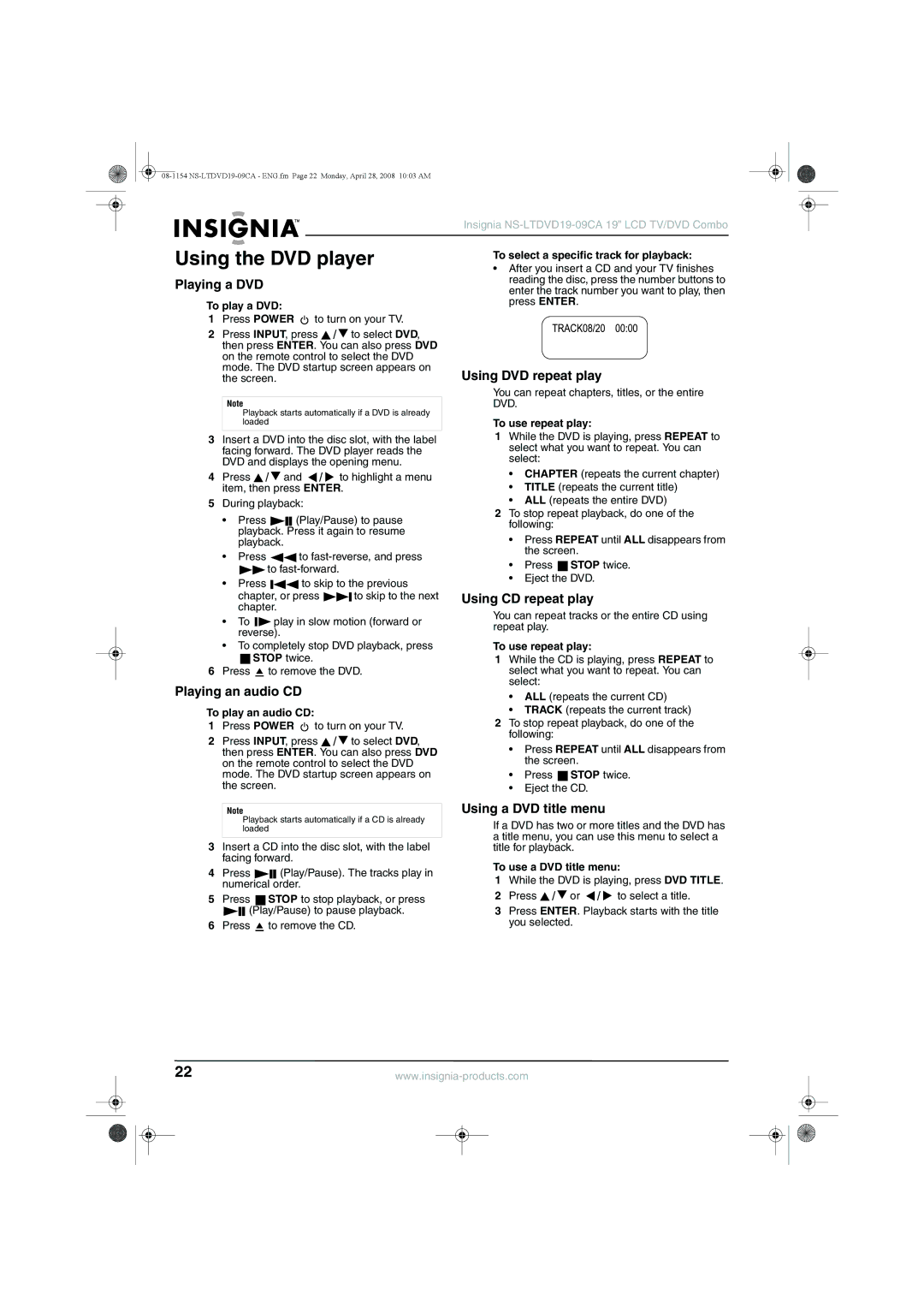 Insignia NS-LTDVD19-09CA manual Using the DVD player 