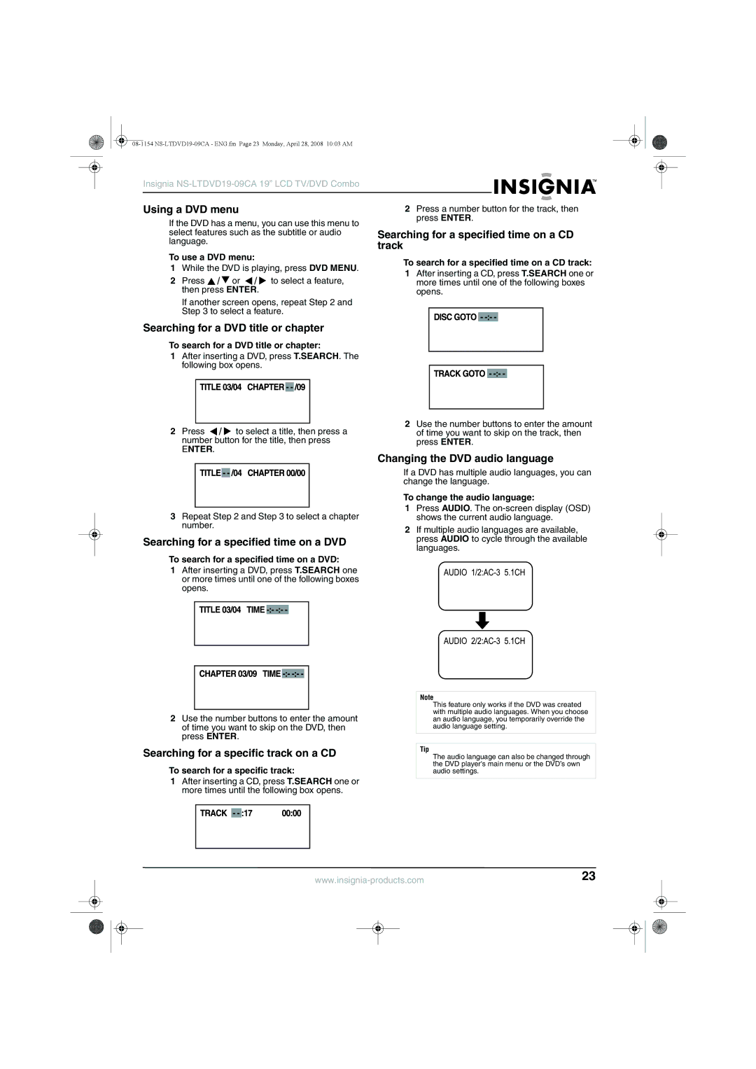 Insignia NS-LTDVD19-09CA Using a DVD menu, Searching for a specified time on a CD, Track, Changing the DVD audio language 