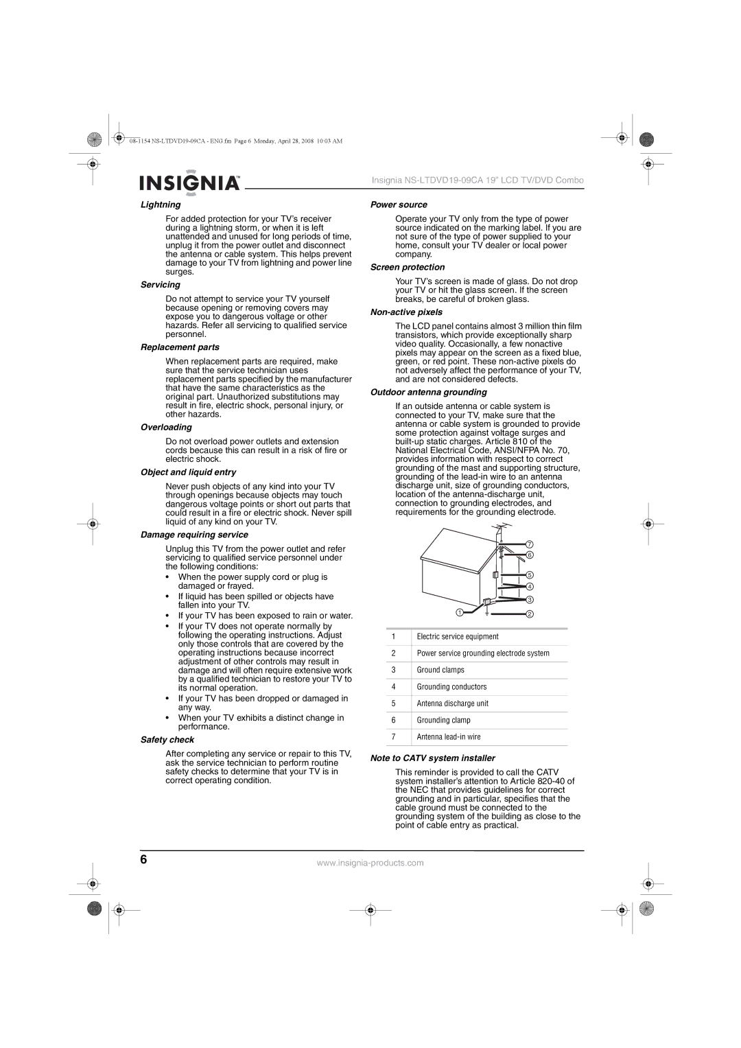 Insignia NS-LTDVD19-09CA Lightning, Servicing, Replacement parts, Overloading, Object and liquid entry, Screen protection 