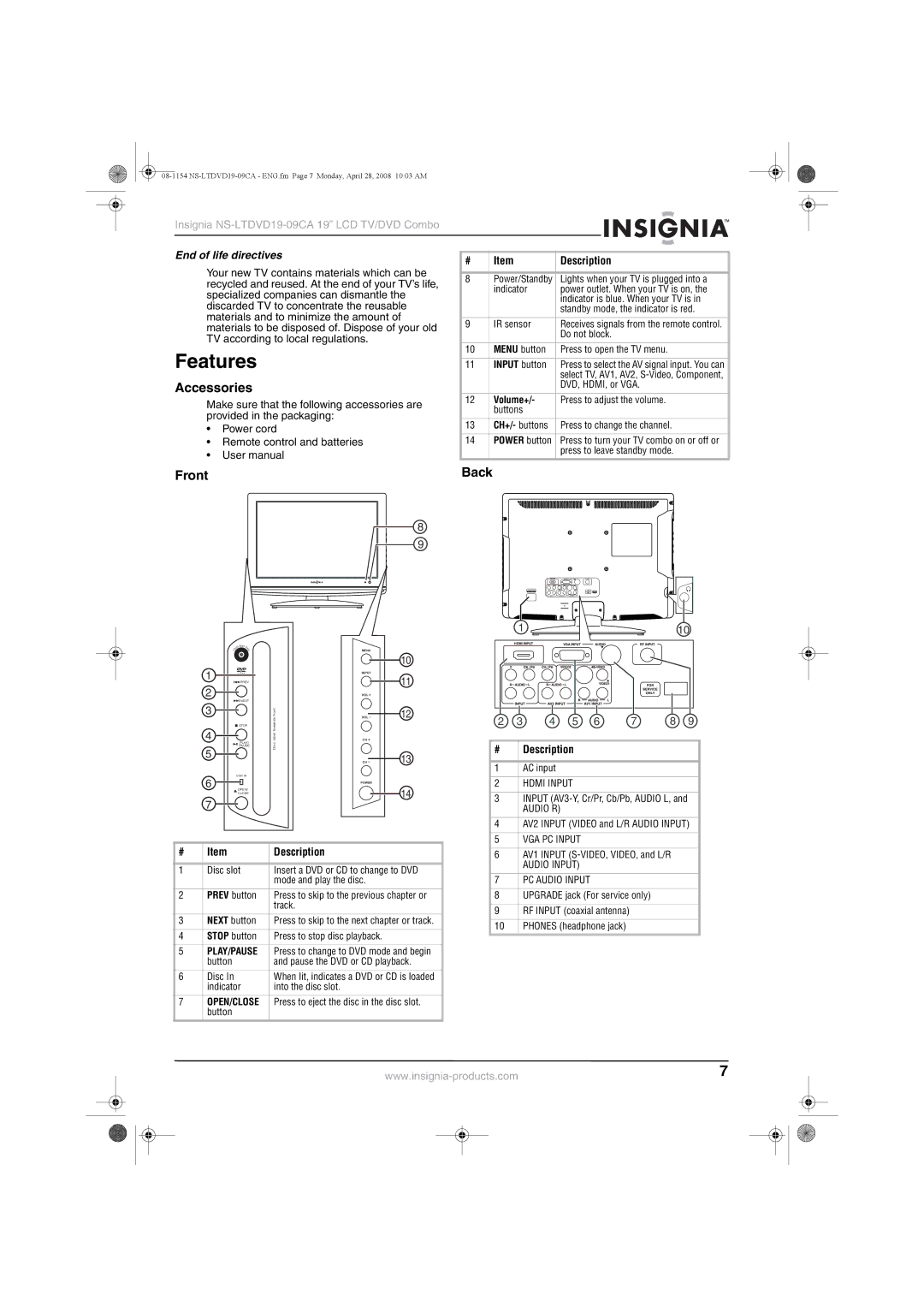 Insignia NS-LTDVD19-09CA manual Features, Accessories, Front, Back, End of life directives 