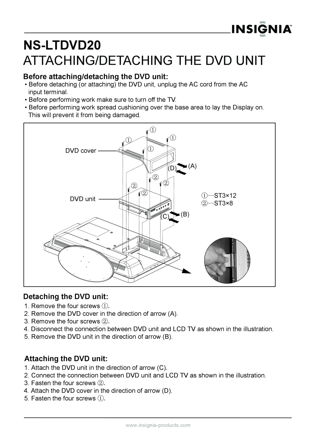 Insignia NS-LTDVD20 manual Attaching/Detaching The Dvd Unit, Before attaching/detaching the DVD unit 