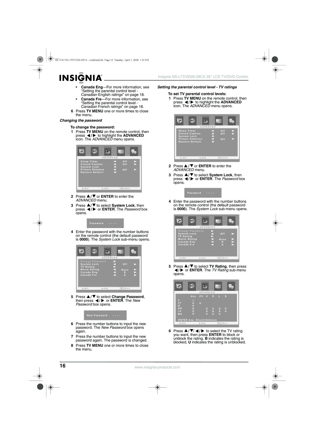 Insignia NS-LTDVD26-09CA manual To set TV parental control levels, Changing the password, To change the password 