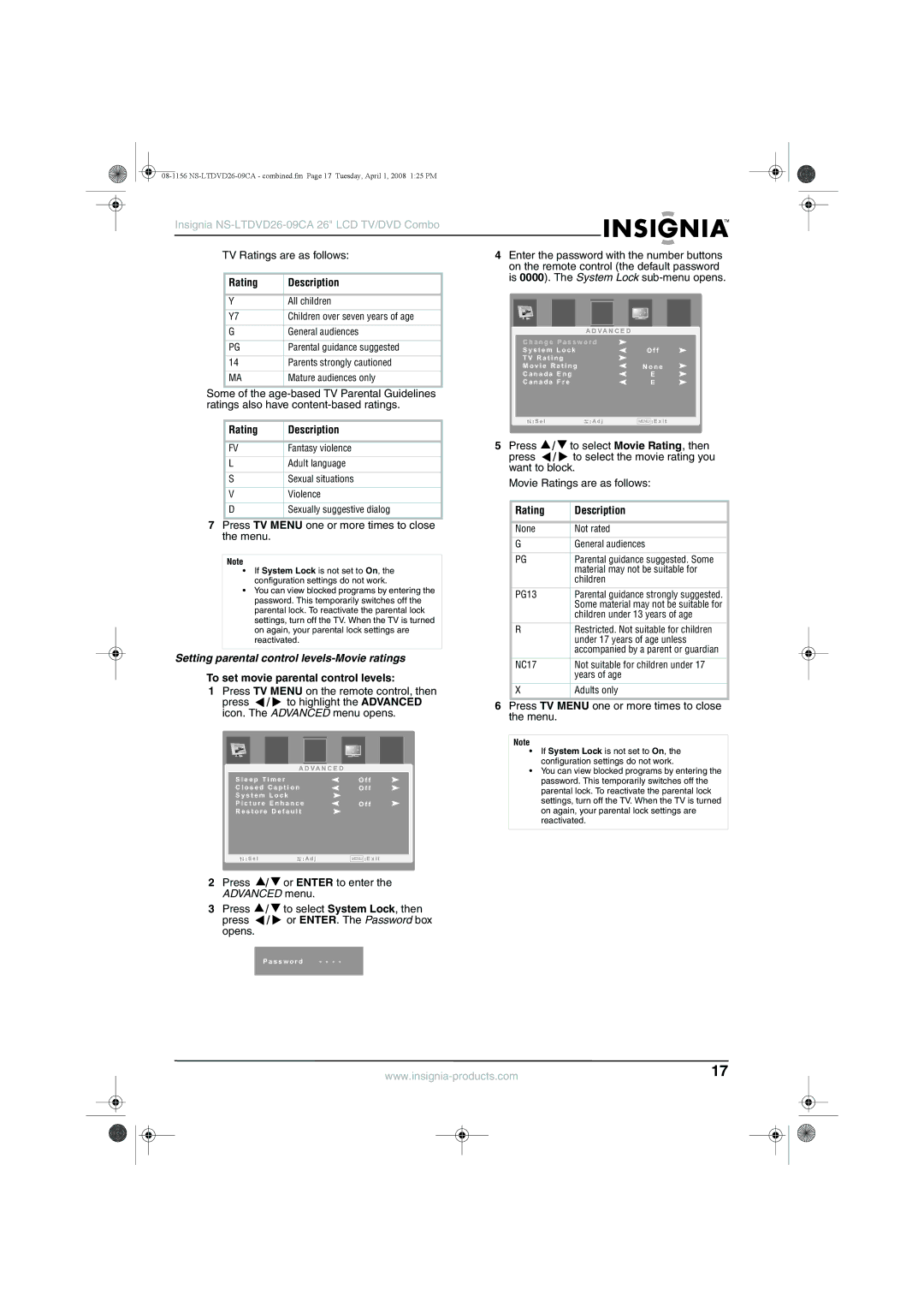 Insignia NS-LTDVD26-09CA manual Rating Description, Setting parental control levels-Movie ratings 