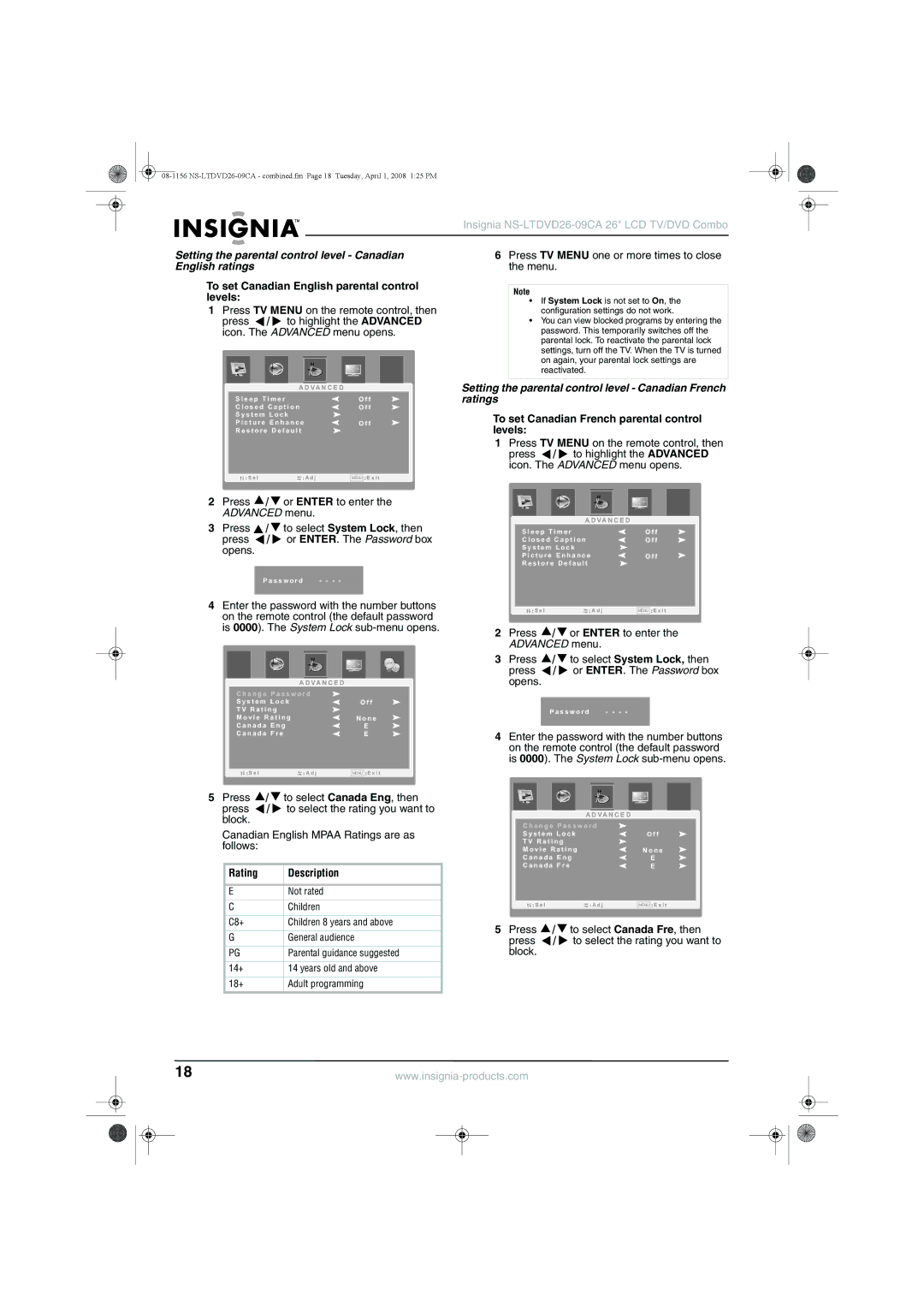 Insignia NS-LTDVD26-09CA manual Press TV Menu on the remote control, then, Press / to highlight the Advanced 