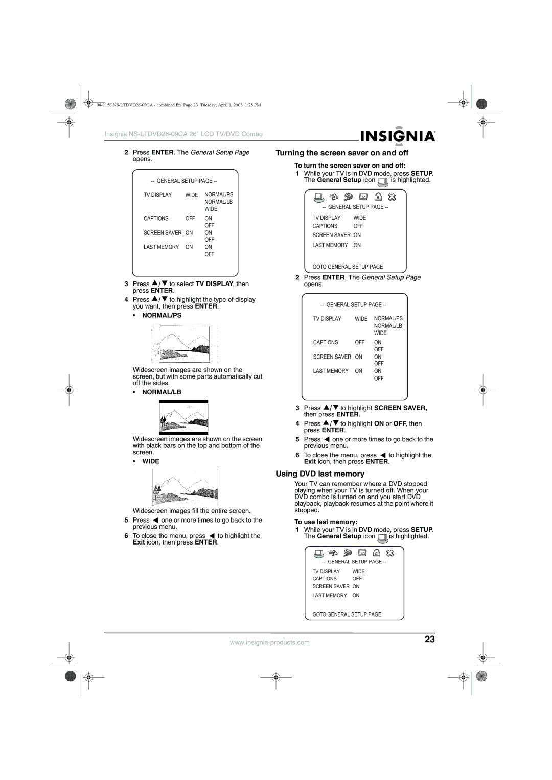 Insignia NS-LTDVD26-09CA Turning the screen saver on and off, Using DVD last memory, To turn the screen saver on and off 