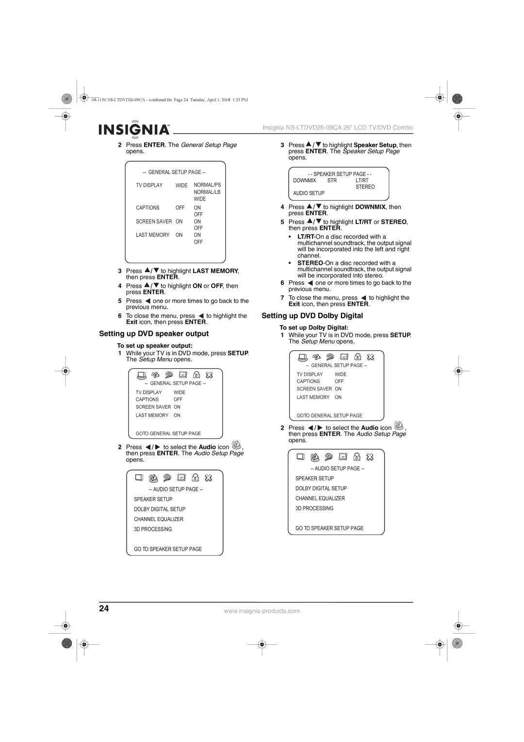 Insignia NS-LTDVD26-09CA manual Setting up DVD speaker output, Setting up DVD Dolby Digital, To set up speaker output 