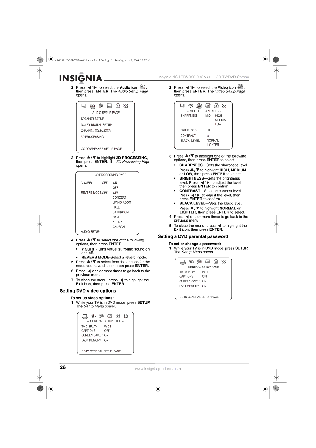 Insignia NS-LTDVD26-09CA manual Setting a DVD parental password, Setting DVD video options, To set or change a password 