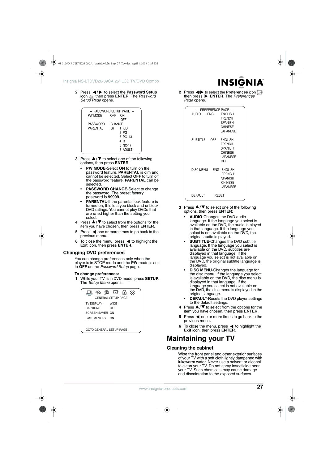 Insignia NS-LTDVD26-09CA Maintaining your TV, Changing DVD preferences, Cleaning the cabinet, To select the Password Setup 