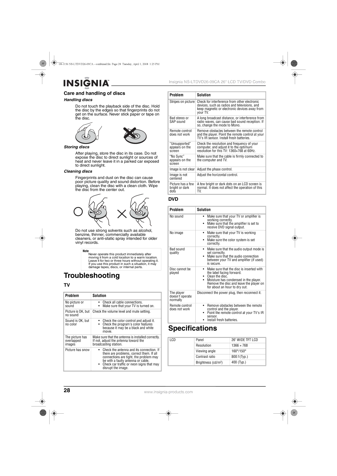 Insignia NS-LTDVD26-09CA manual Troubleshooting, Specifications, Care and handling of discs 