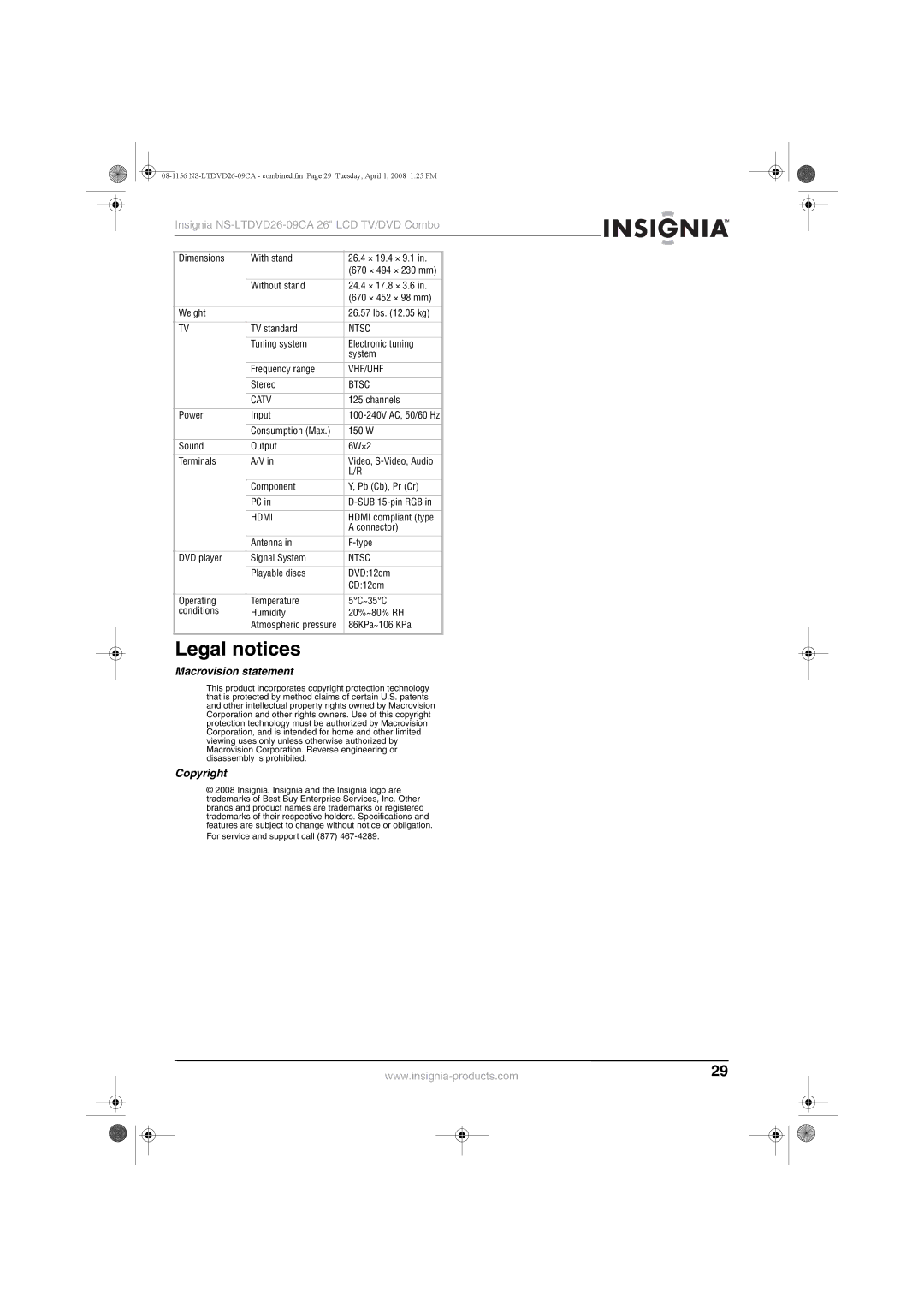 Insignia NS-LTDVD26-09CA manual Legal notices, Macrovision statement, Copyright 