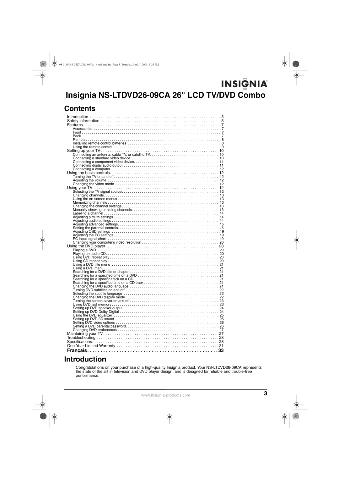 Insignia NS-LTDVD26-09CA manual Contents, Introduction 