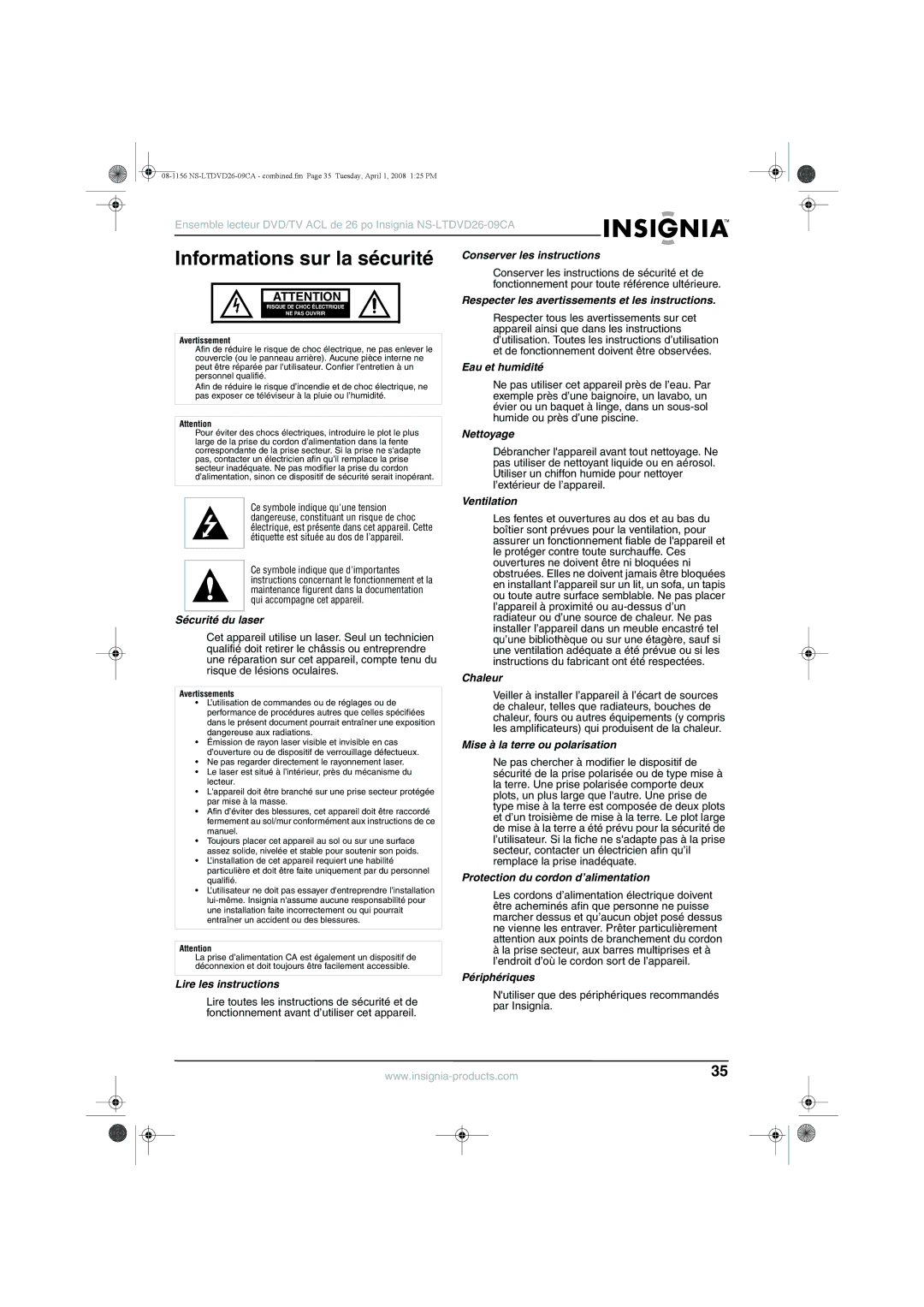 Insignia NS-LTDVD26-09CA manual Informations sur la sécurité 