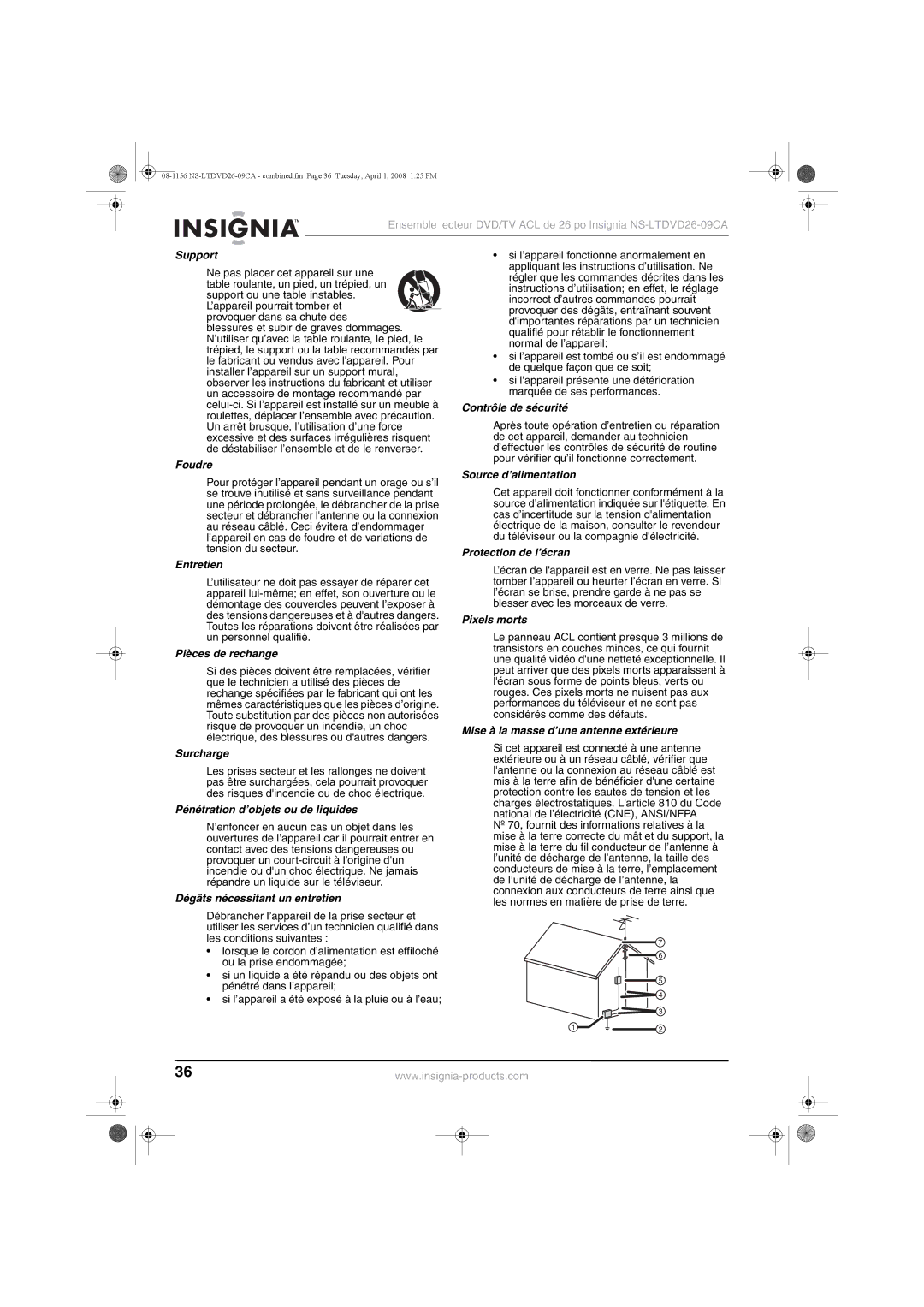 Insignia NS-LTDVD26-09CA Support, Foudre, Entretien, Pièces de rechange, Surcharge, Pénétration d’objets ou de liquides 