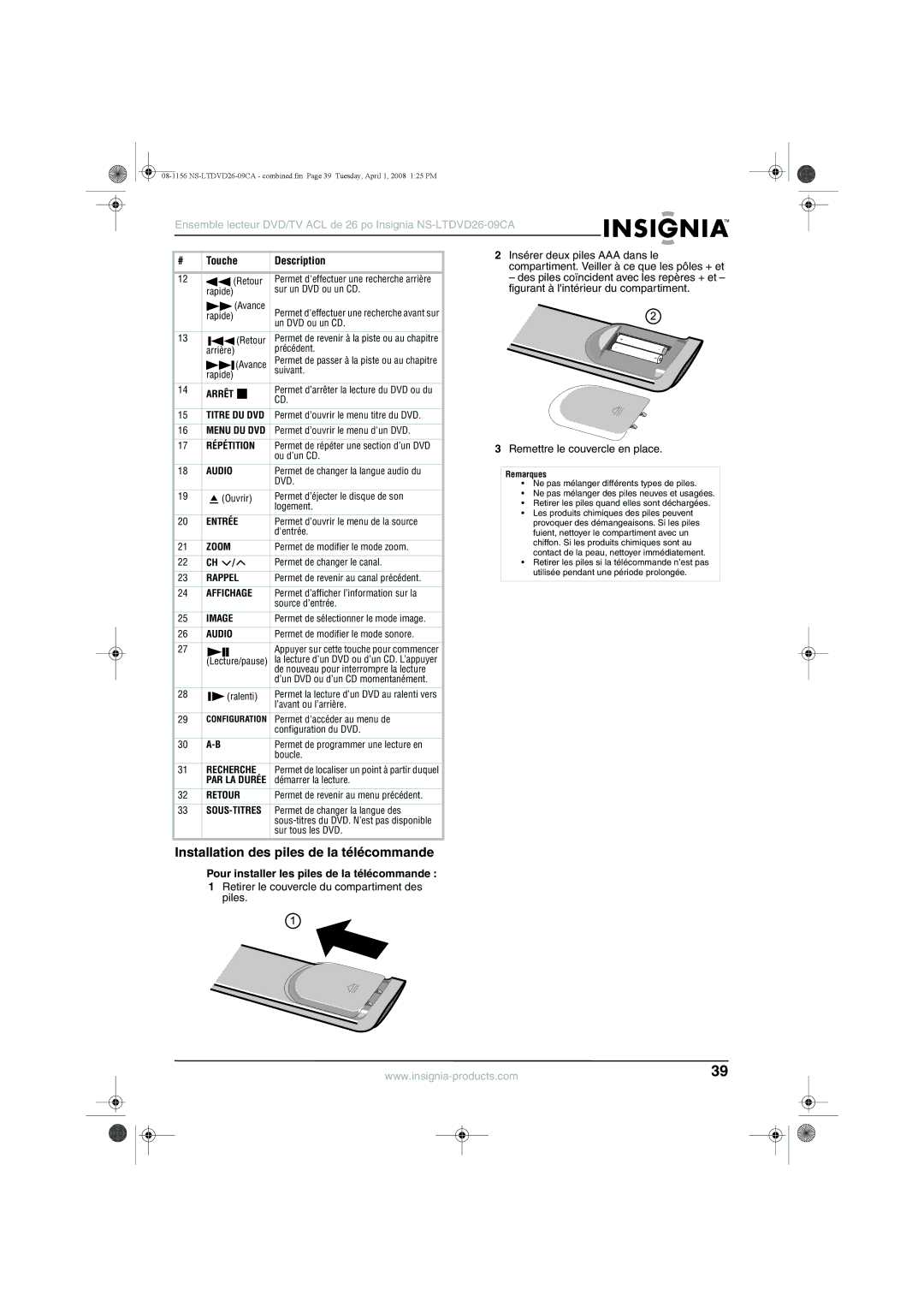 Insignia NS-LTDVD26-09CA manual Installation des piles de la télécommande, Pour installer les piles de la télécommande 