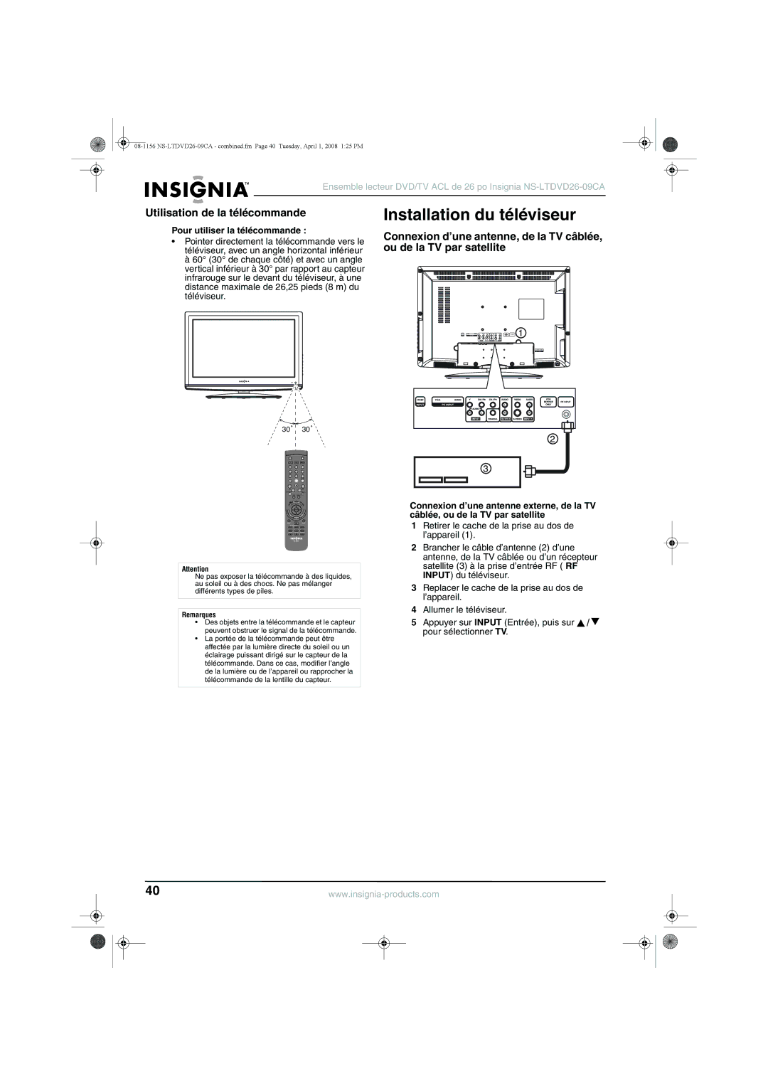 Insignia NS-LTDVD26-09CA manual Installation du téléviseur, Utilisation de la télécommande, Pour utiliser la télécommande 