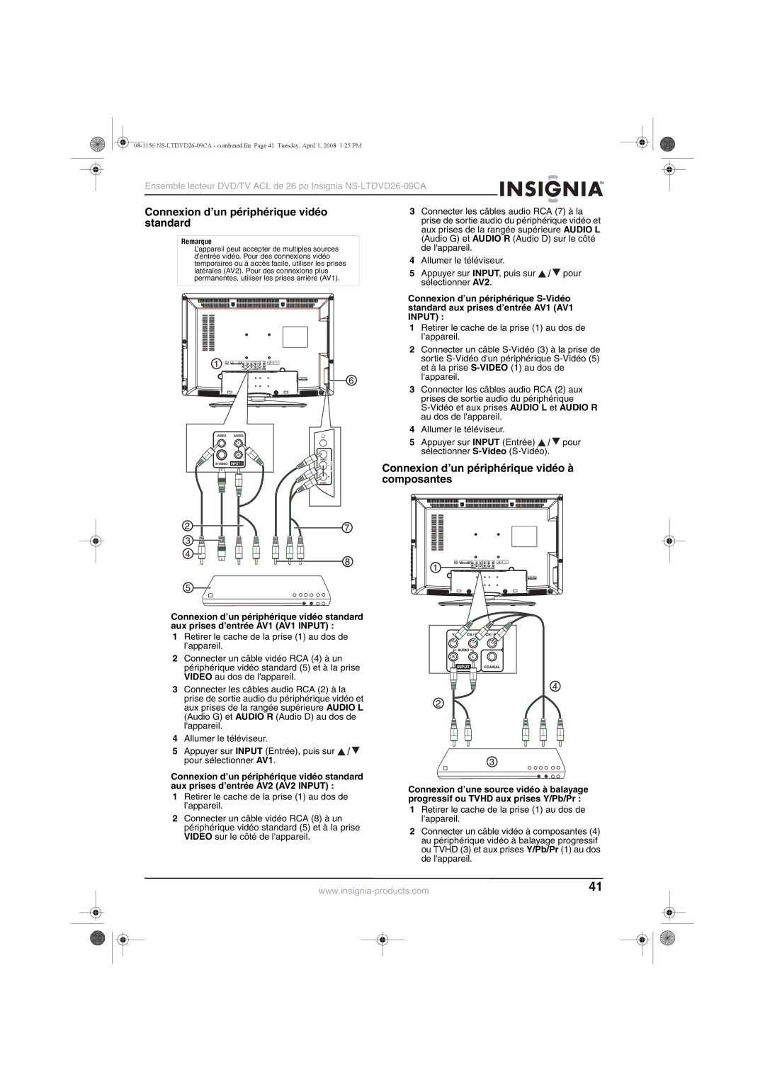 Insignia NS-LTDVD26-09CA manual Connexion d’un périphérique vidéo standard, Connexion d’un périphérique vidéo à composantes 