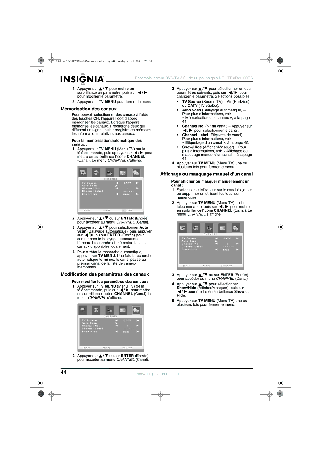 Insignia NS-LTDVD26-09CA manual Mémorisation des canaux, Modification des paramètres des canaux 