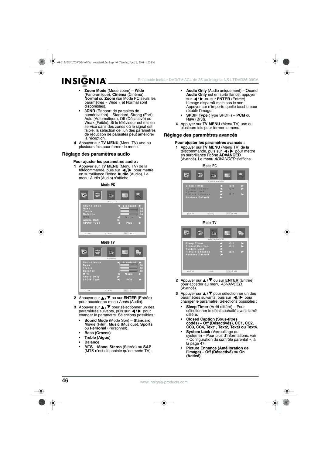 Insignia NS-LTDVD26-09CA Réglage des paramètres audio, Réglage des paramètres avancés, Pour ajuster les paramètres audio 