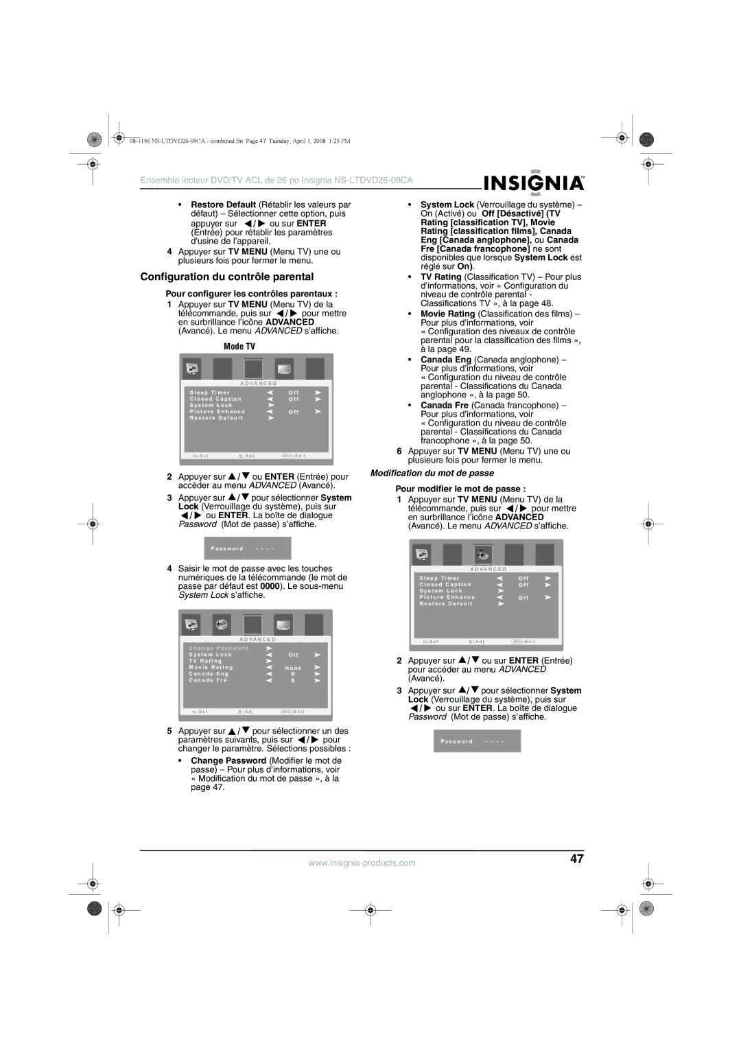 Insignia NS-LTDVD26-09CA manual Configuration du contrôle parental, Pour configurer les contrôles parentaux 