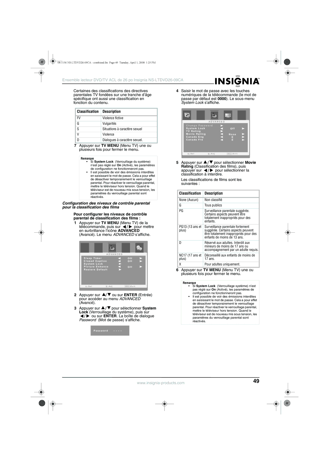 Insignia NS-LTDVD26-09CA manual Violence fictive 