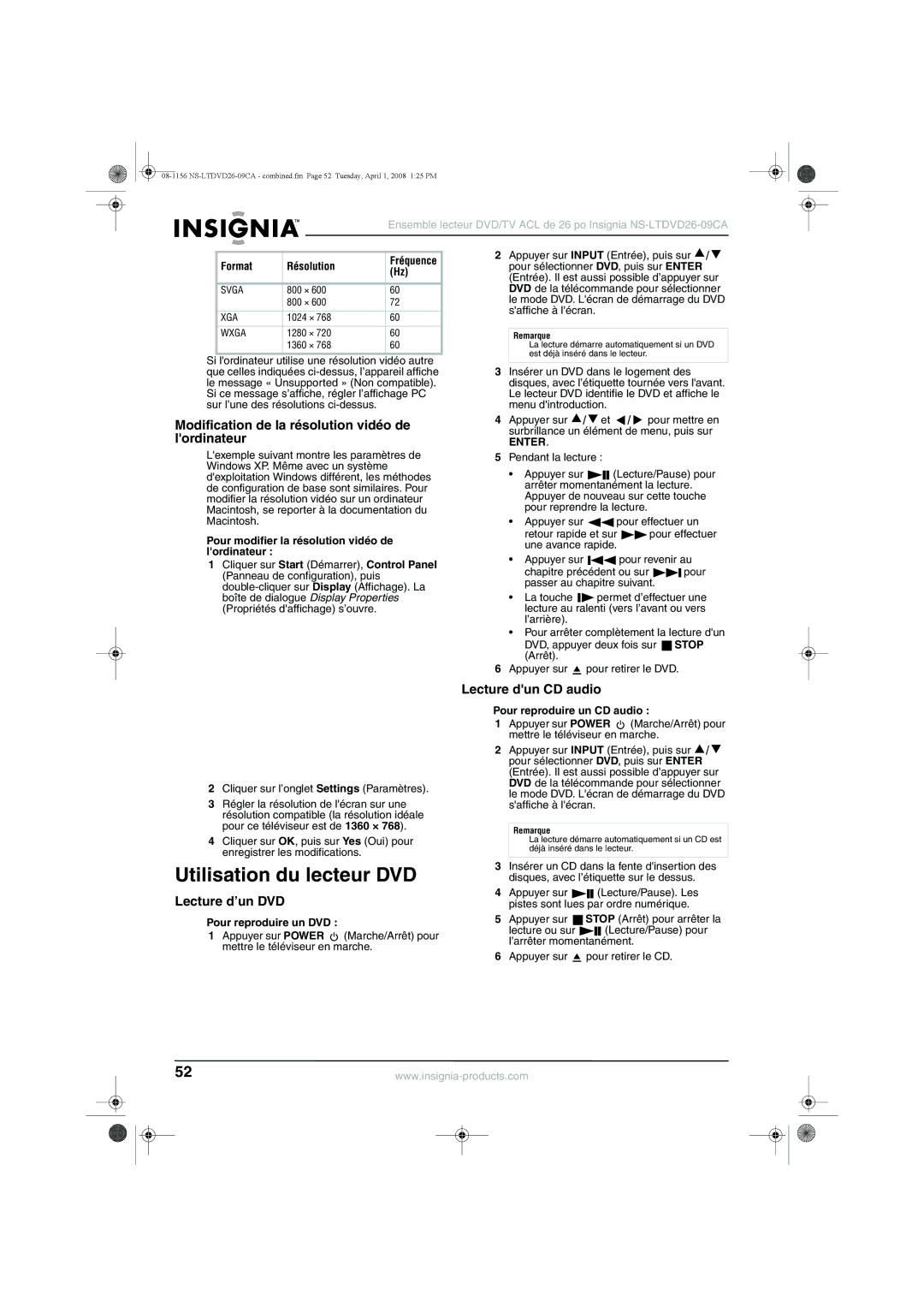 Insignia NS-LTDVD26-09CA Utilisation du lecteur DVD, Modification de la résolution vidéo de lordinateur, Lecture d’un DVD 