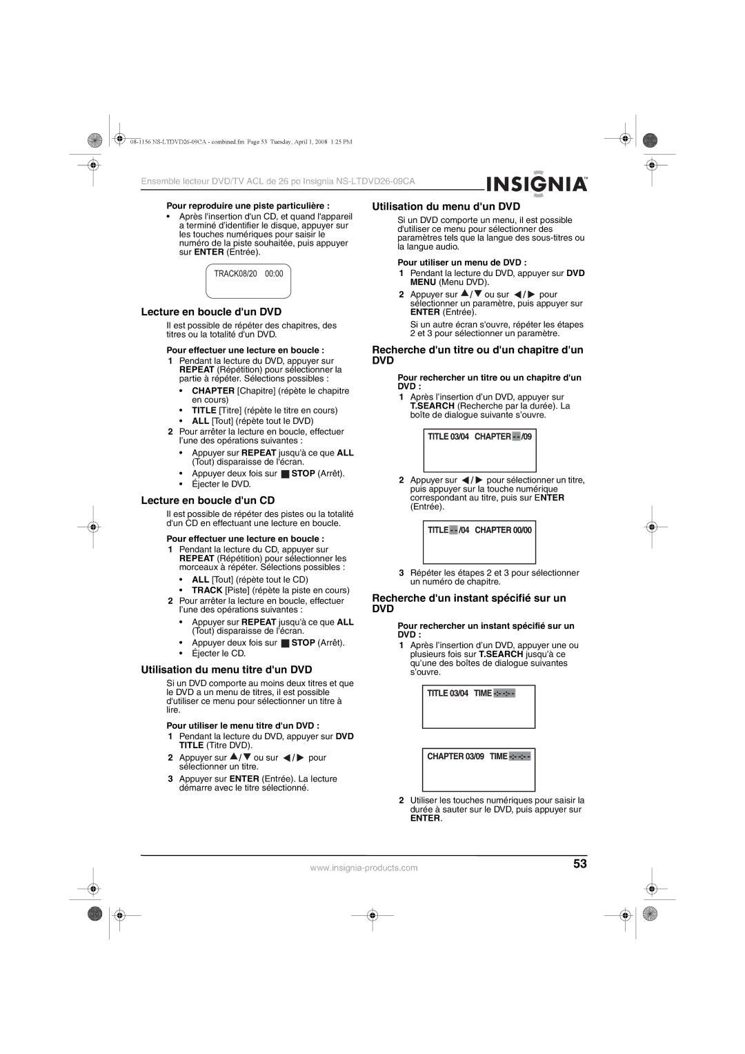 Insignia NS-LTDVD26-09CA manual Lecture en boucle dun DVD, Lecture en boucle dun CD, Utilisation du menu titre dun DVD 