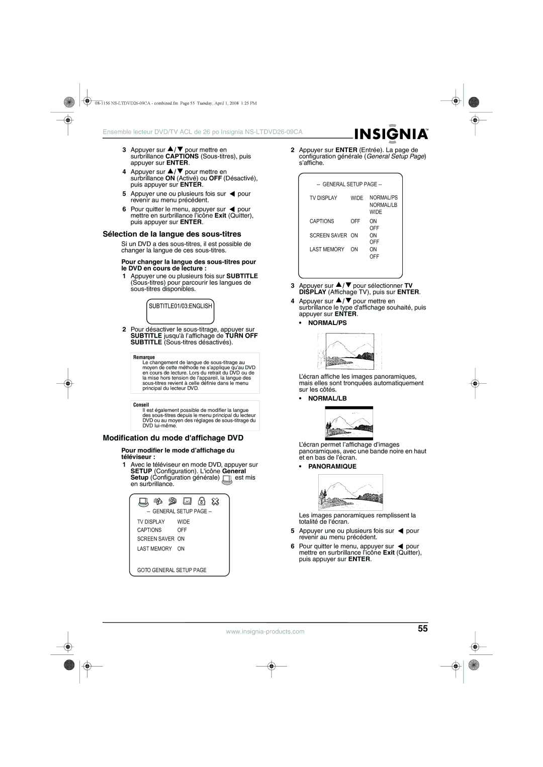 Insignia NS-LTDVD26-09CA manual Sélection de la langue des sous-titres, Modification du mode daffichage DVD 