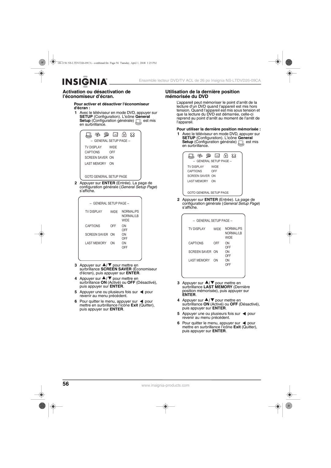 Insignia NS-LTDVD26-09CA manual Activation ou désactivation de l’économiseur d’écran 