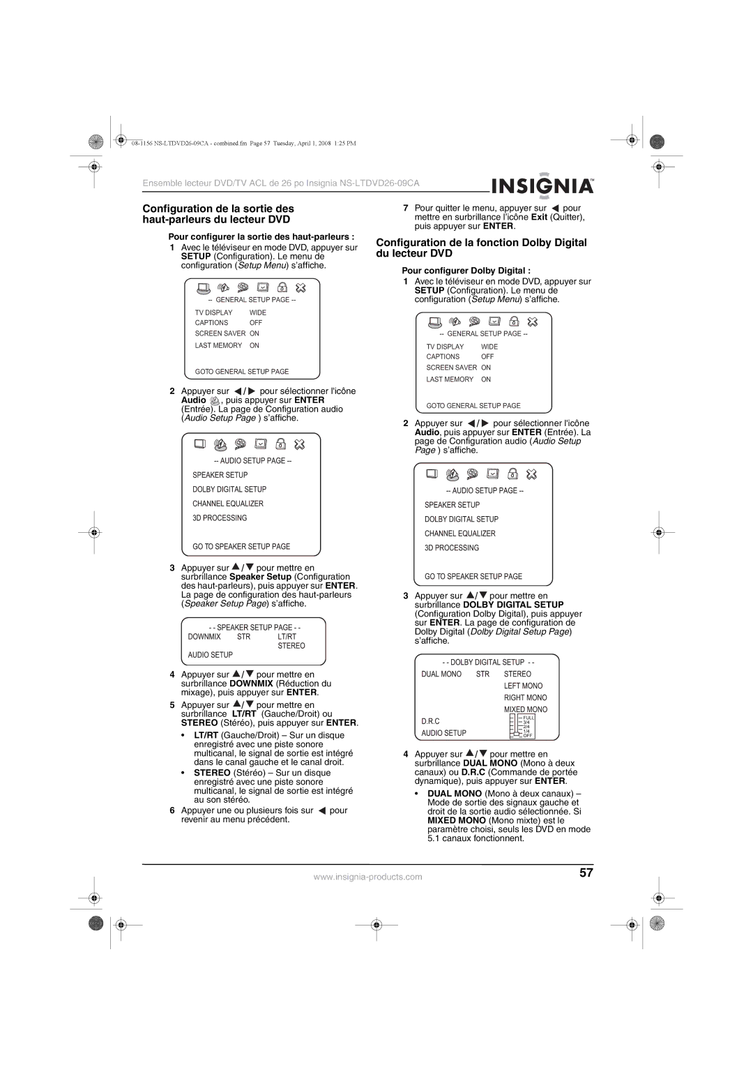 Insignia NS-LTDVD26-09CA manual Configuration de la sortie des haut-parleurs du lecteur DVD, Pour configurer Dolby Digital 