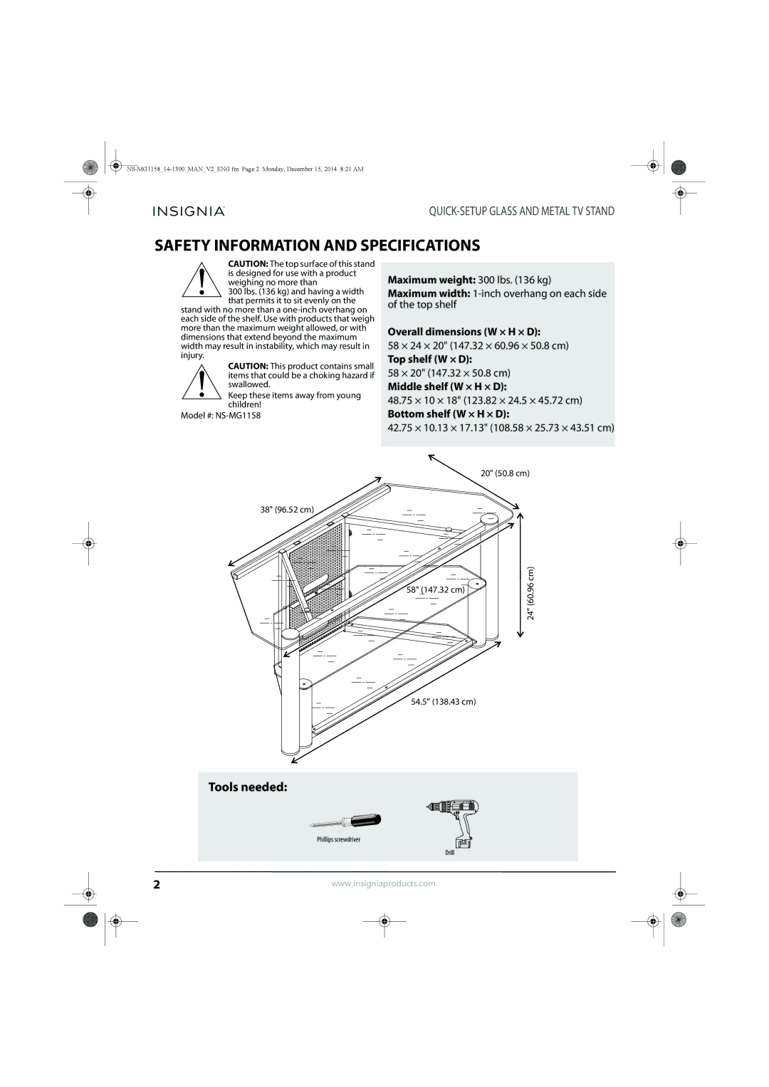 Insignia NS-MG1158 specifications Safety Information and Specifications, Tools needed 