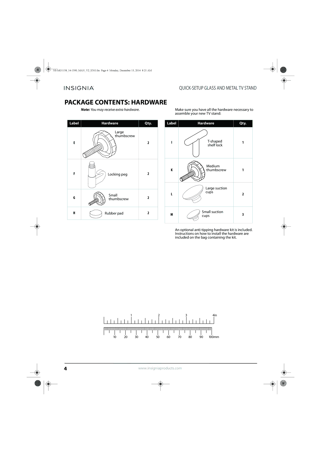 Insignia NS-MG1158 specifications Package Contents Hardware 