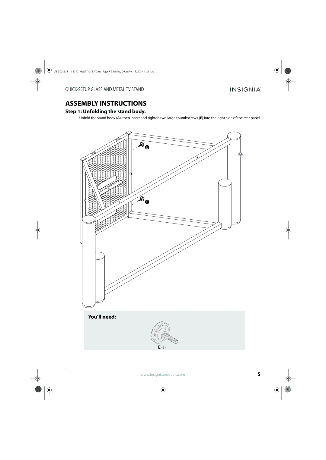 Insignia NS-MG1158 specifications Assembly Instructions, Unfolding the stand body, You’ll need 