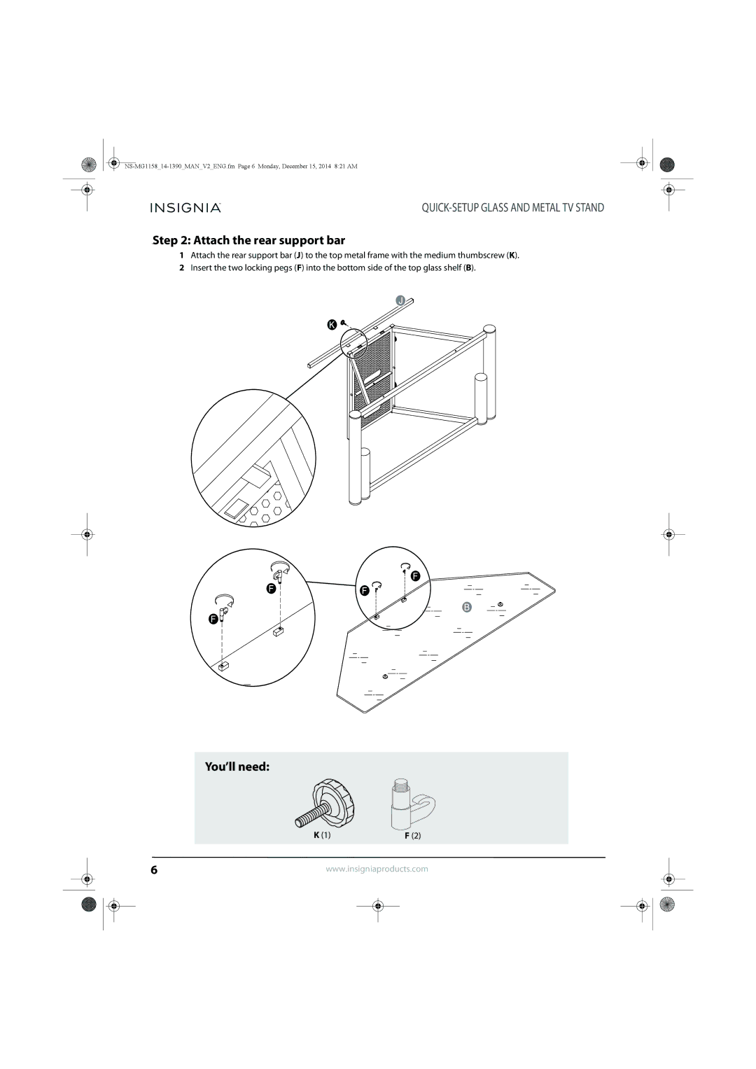 Insignia NS-MG1158 specifications IStep 2 Attach the rear support bar 