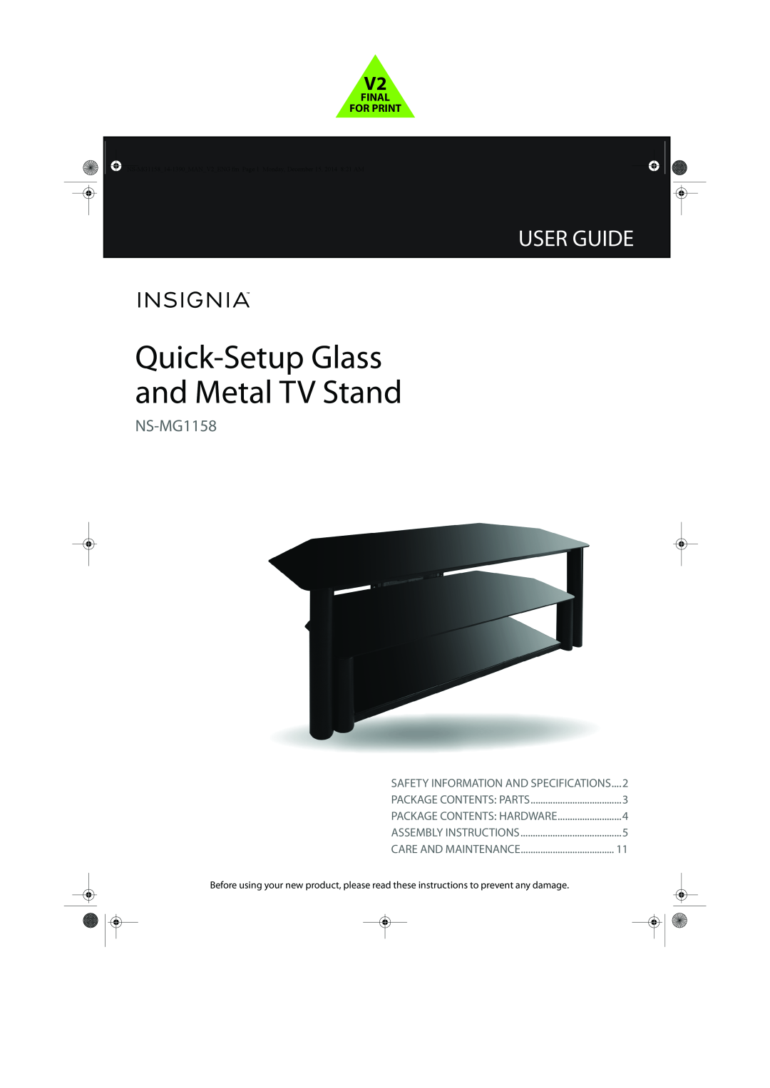 Insignia NS-MG1158 specifications Quick-SetupGlass and Metal TV Stand, User Guide, Safety Information And Specifications 