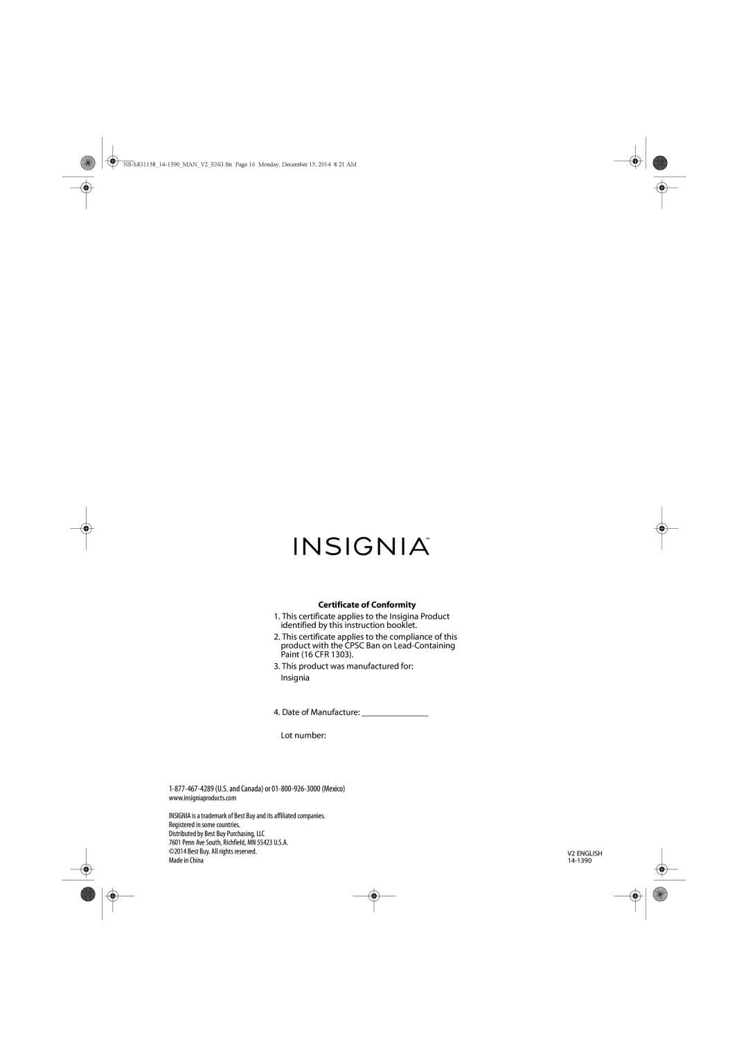 Insignia NS-MG1158 specifications Certificate of Conformity 