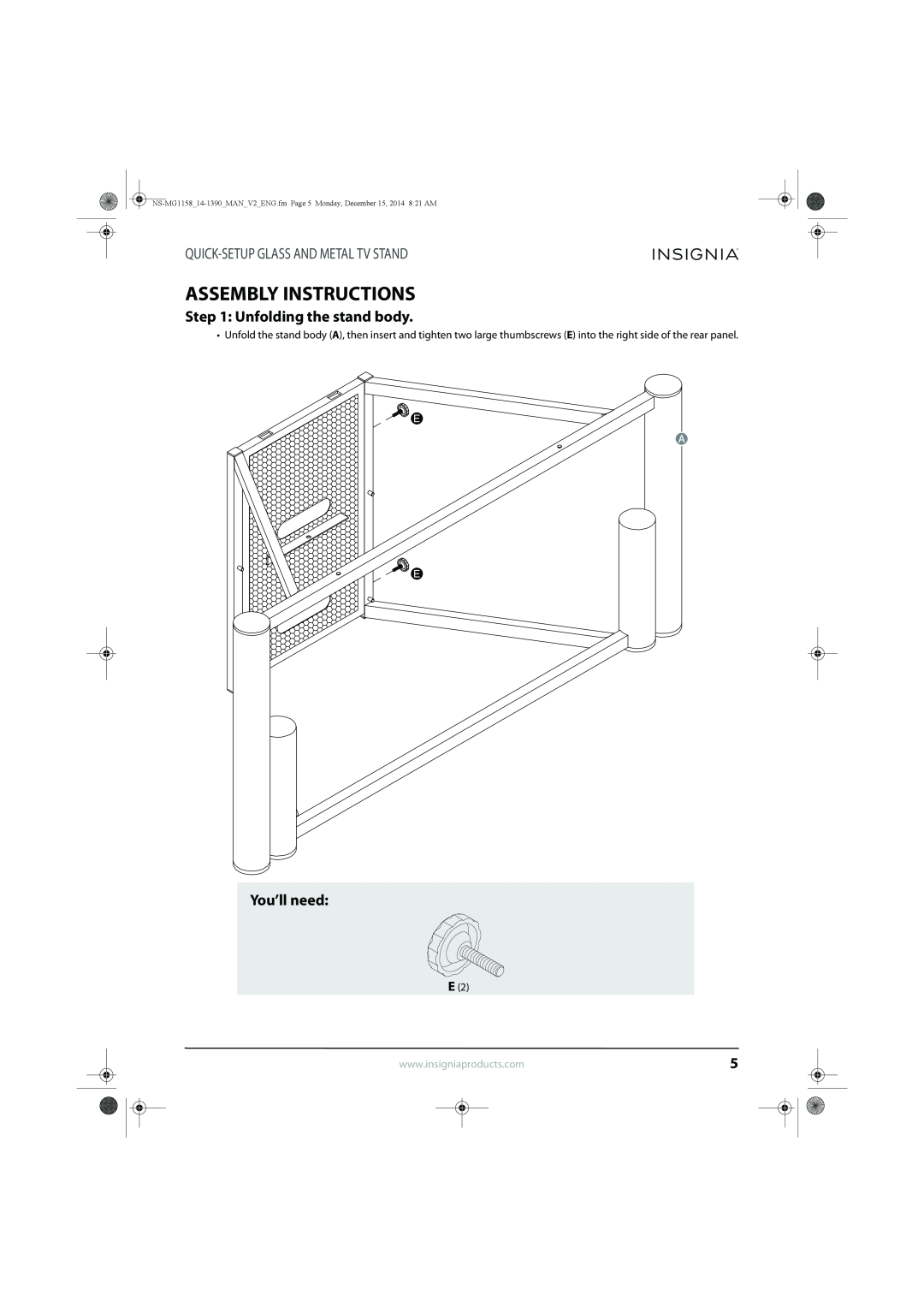 Insignia NS-MG1158 Assembly Instructions, Unfolding the stand body, You’ll need, Quick-Setupglass And Metal Tv Stand 