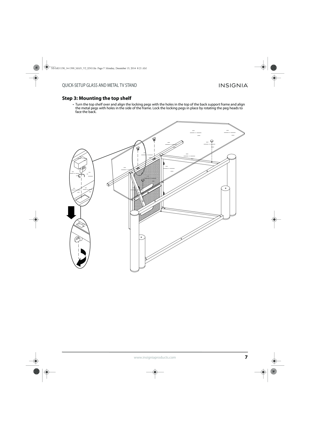 Insignia NS-MG1158 specifications Mounting the top shelf, Quick-Setupglass And Metal Tv Stand 