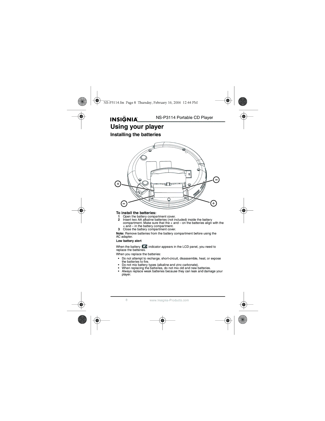 Insignia NS-P3114 manual Using your player, Installing the batteries, To install the batteries, Low battery alert 