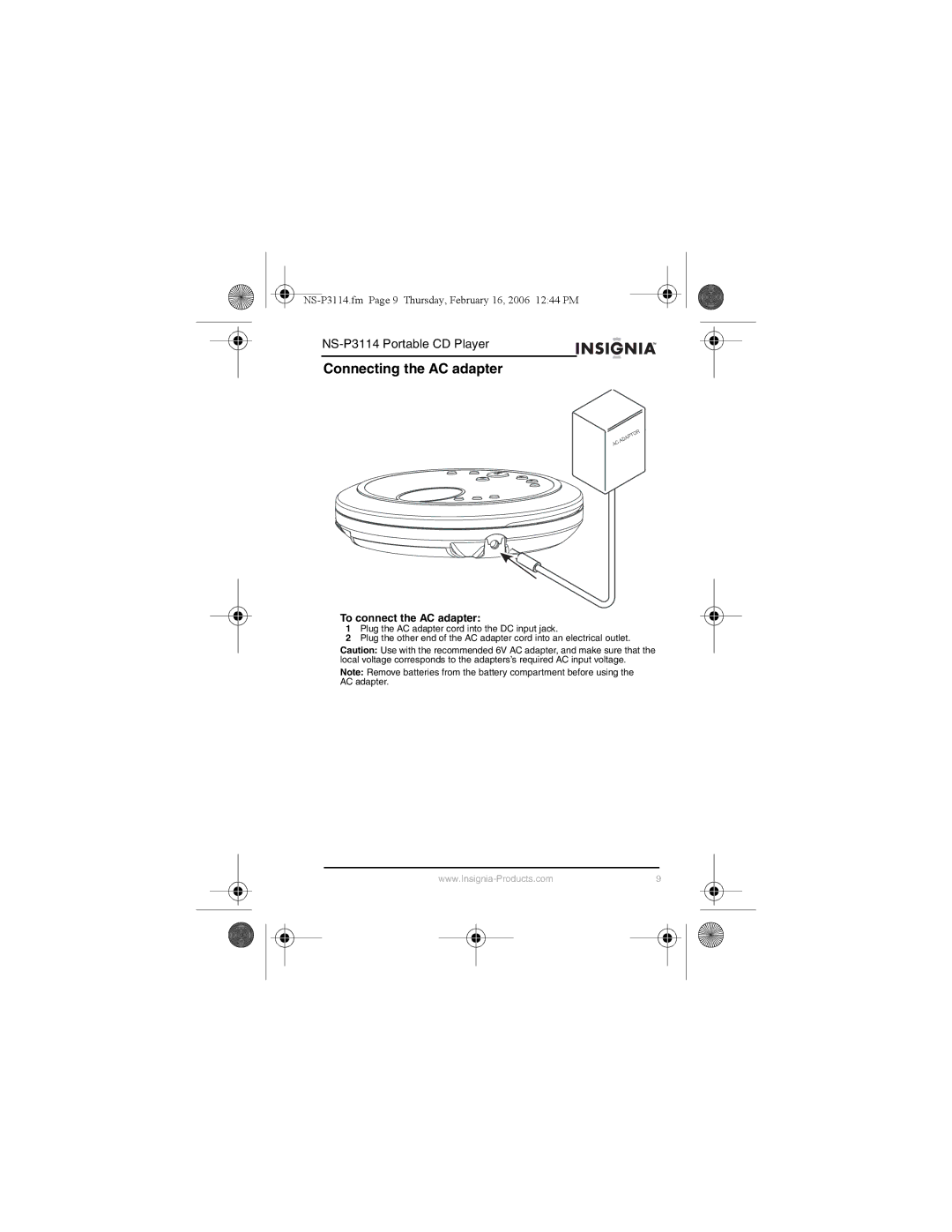 Insignia NS-P3114 manual Connecting the AC adapter, To connect the AC adapter 