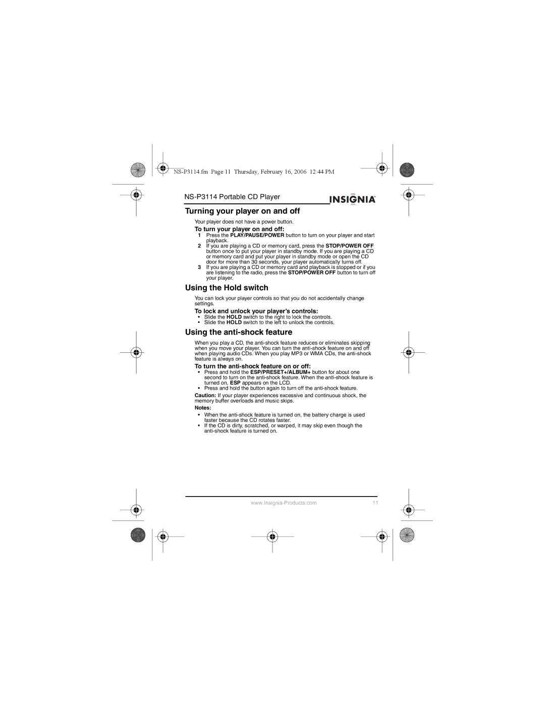 Insignia NS-P3114 manual Turning your player on and off, Using the Hold switch, Using the anti-shock feature 