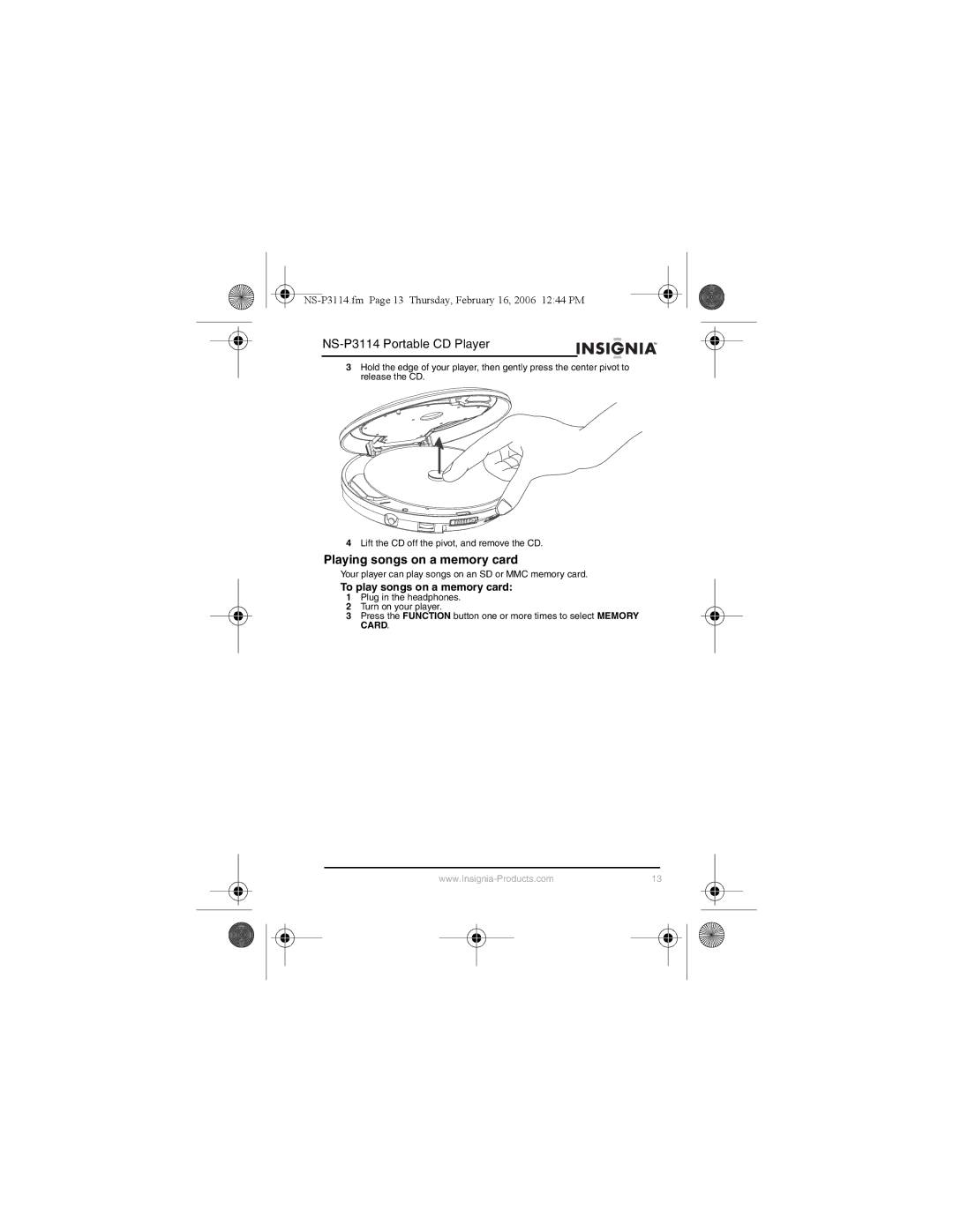 Insignia NS-P3114 manual Playing songs on a memory card, To play songs on a memory card 