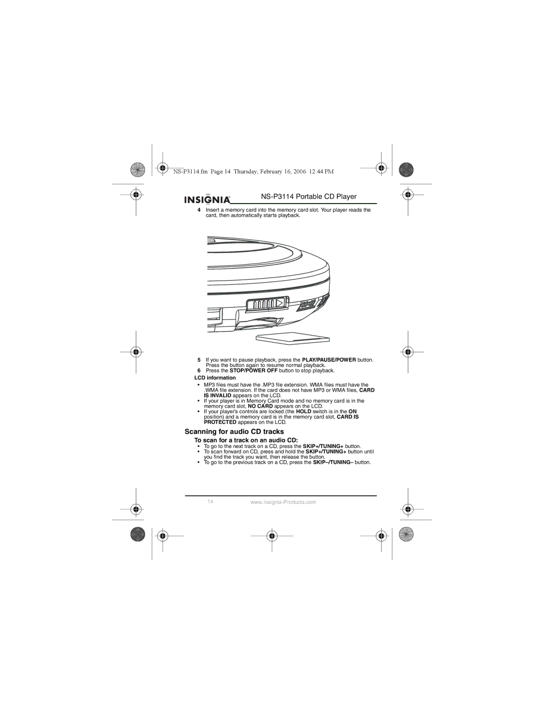 Insignia NS-P3114 manual Scanning for audio CD tracks, To scan for a track on an audio CD 