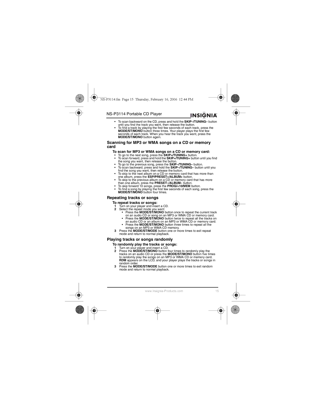 Insignia NS-P3114 manual Scanning for MP3 or WMA songs on a CD or memory card, Repeating tracks or songs 