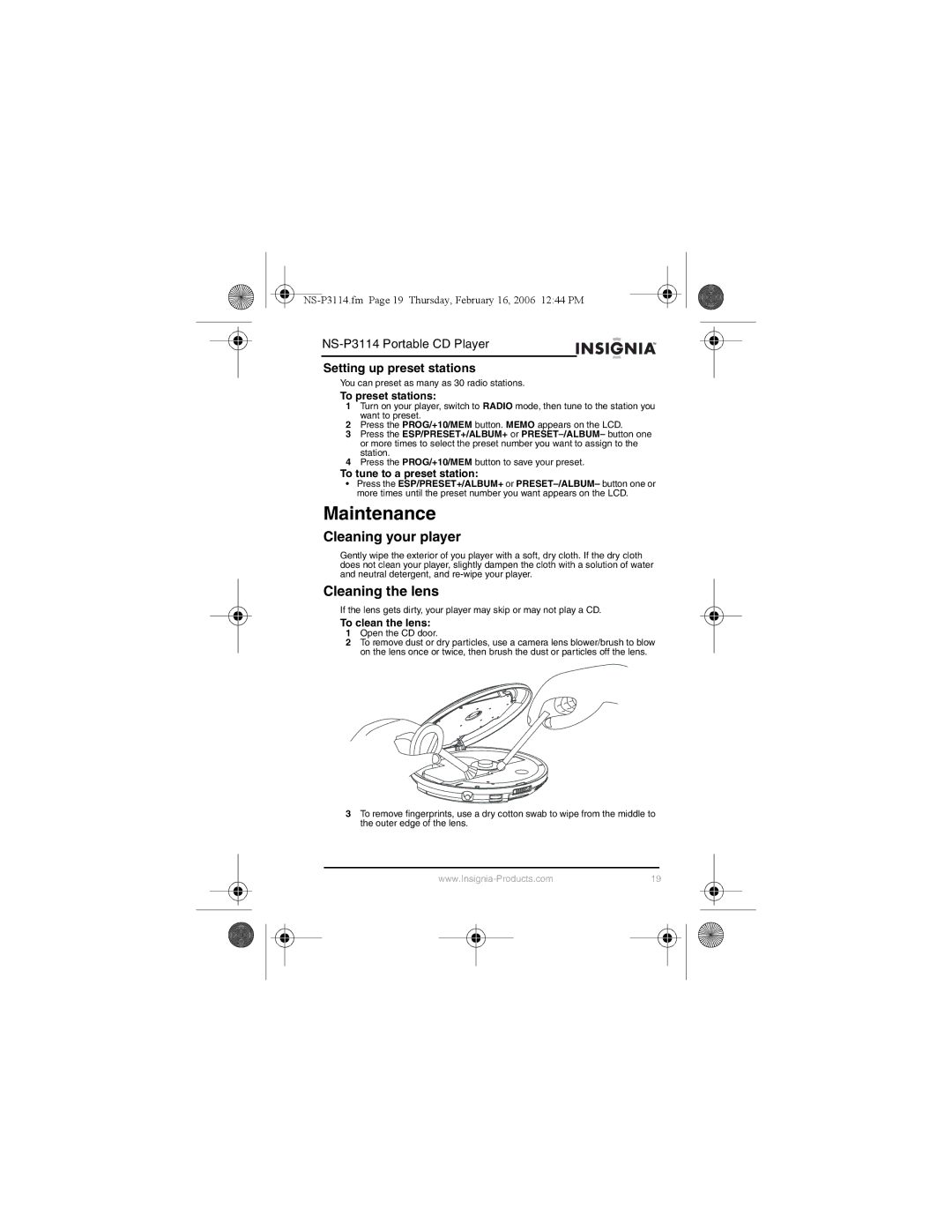 Insignia NS-P3114 manual Maintenance, Cleaning your player, Cleaning the lens, Setting up preset stations 