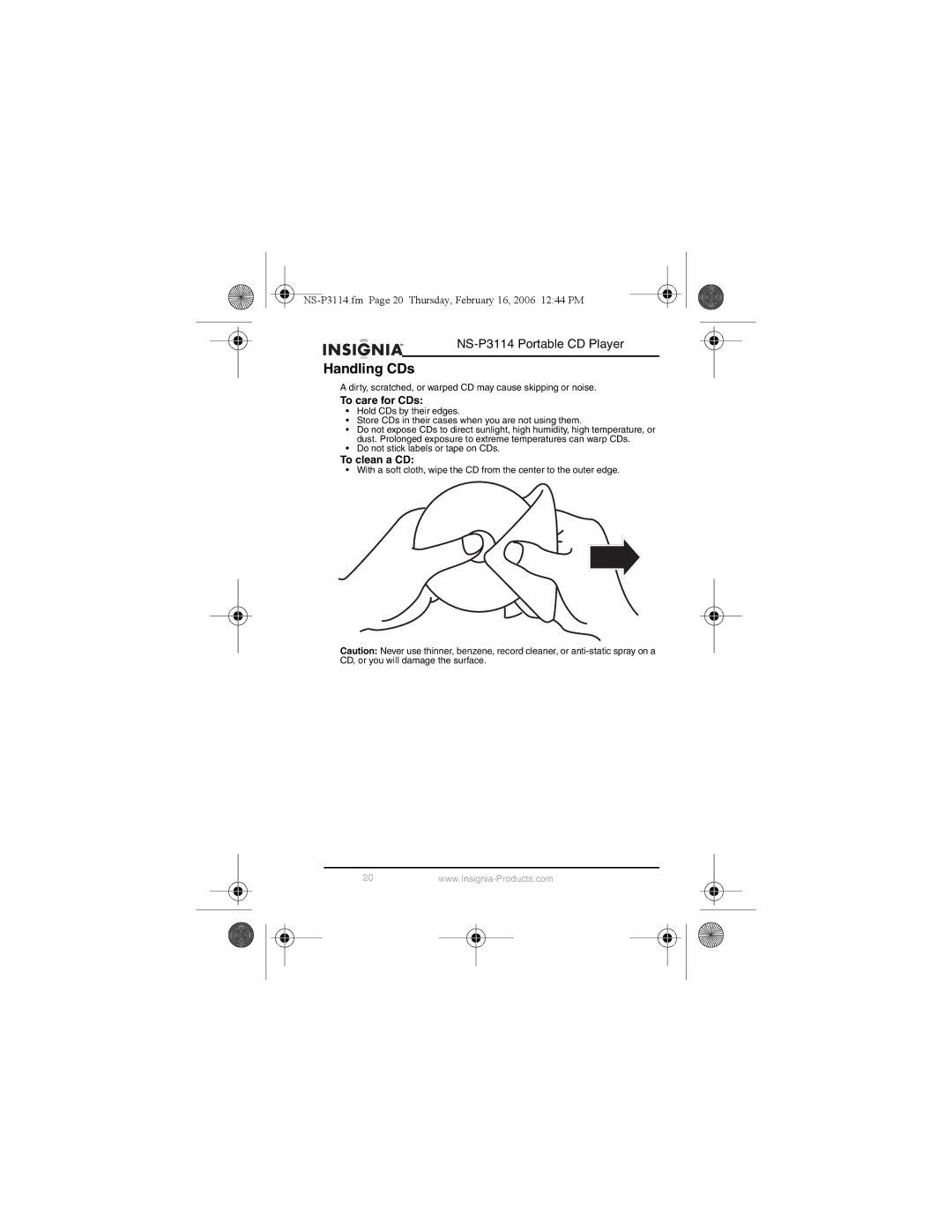 Insignia NS-P3114 manual Handling CDs, To care for CDs, To clean a CD 