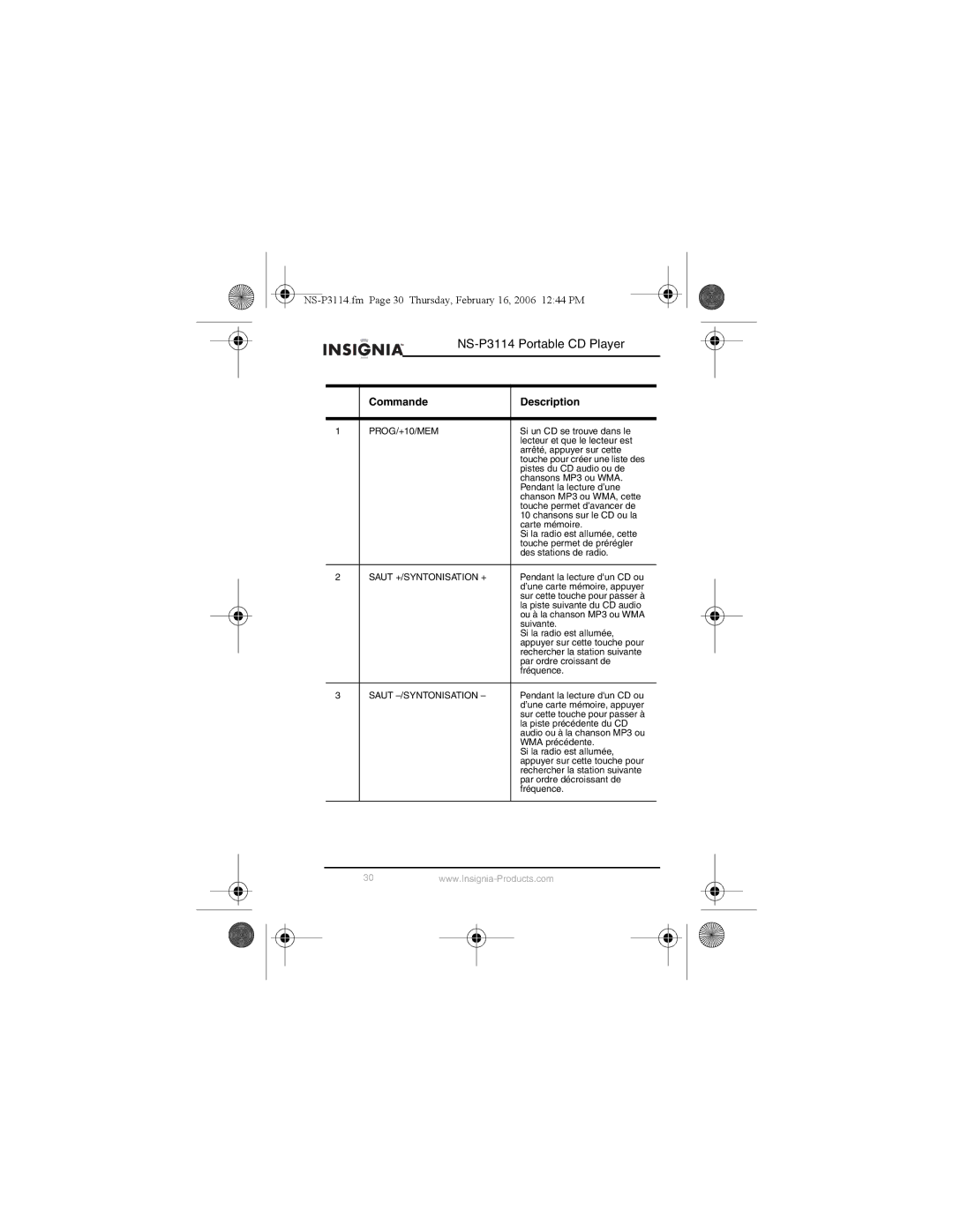 Insignia NS-P3114 manual Commande Description, PROG/+10/MEM, Saut +/SYNTONISATION +, Saut -/SYNTONISATION 