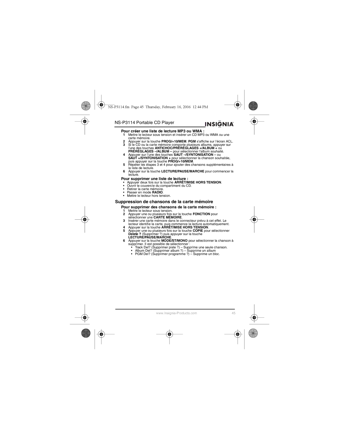 Insignia NS-P3114 manual Suppression de chansons de la carte mémoire, Pour créer une liste de lecture MP3 ou WMA 