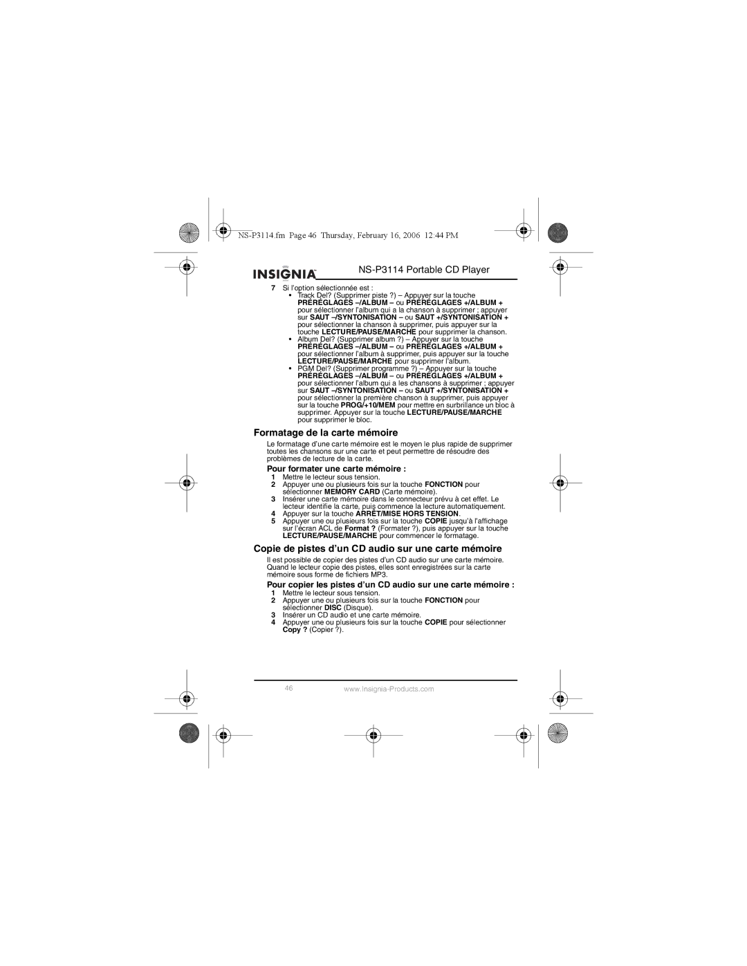 Insignia NS-P3114 manual Formatage de la carte mémoire, Copie de pistes d’un CD audio sur une carte mémoire 